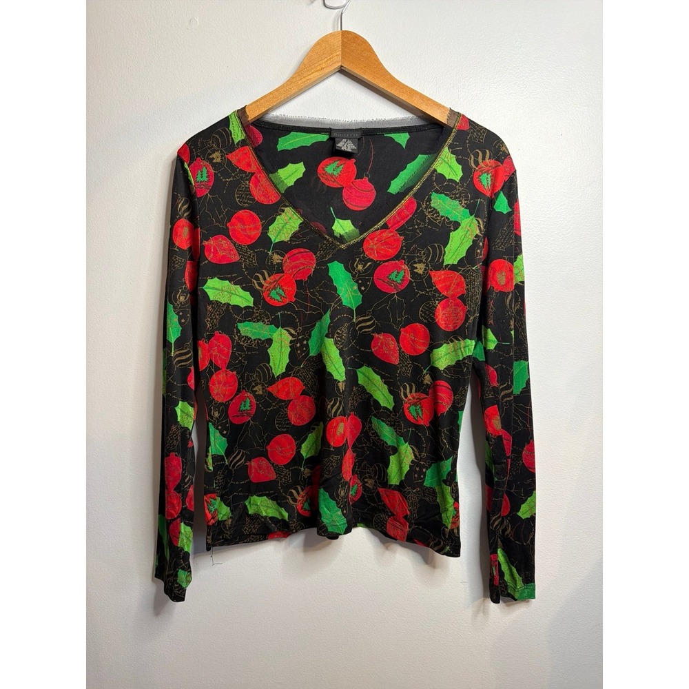Vintage Dolcetti Christmas Ornament Holly Holiday Long Sleeve Blouse‎ Top Large